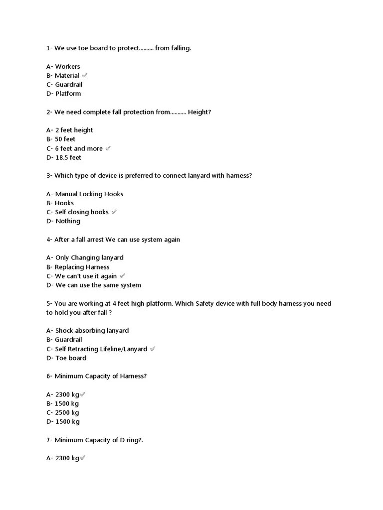 Fall Protection Quiz Answers PDF Manufactured Goods Equipment
