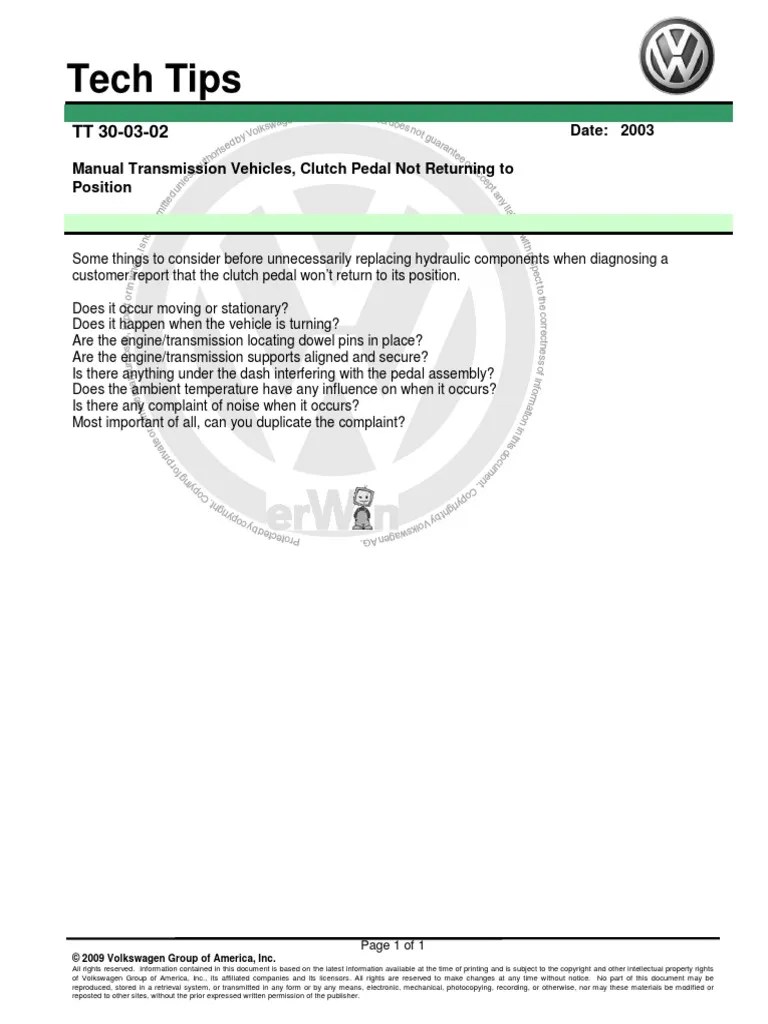 D3E802FEE8ATT 300302 Manual Transmission Vehicles Clutch Pedal Not