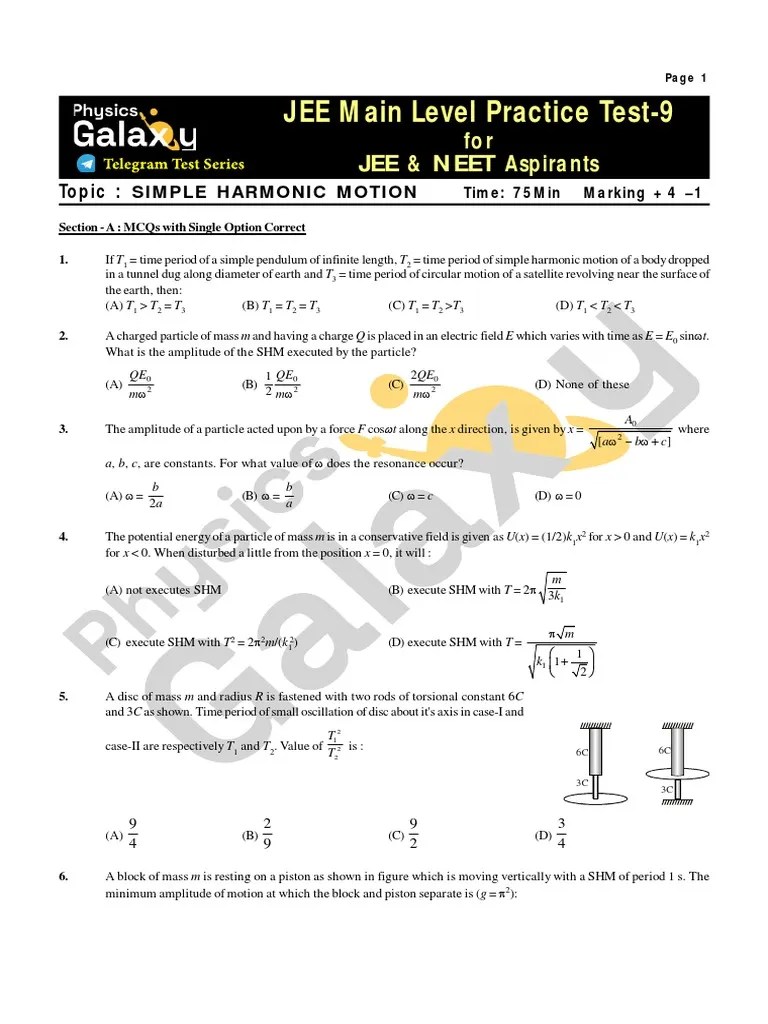 MOCK JEE Main Practice Test9 Simple Harmonic Motion PDF