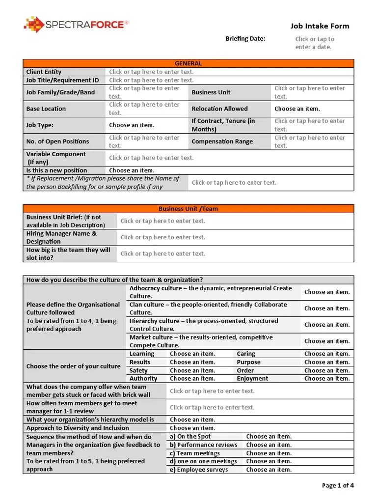 Job Intake Form Template PDF Employee Benefits Business