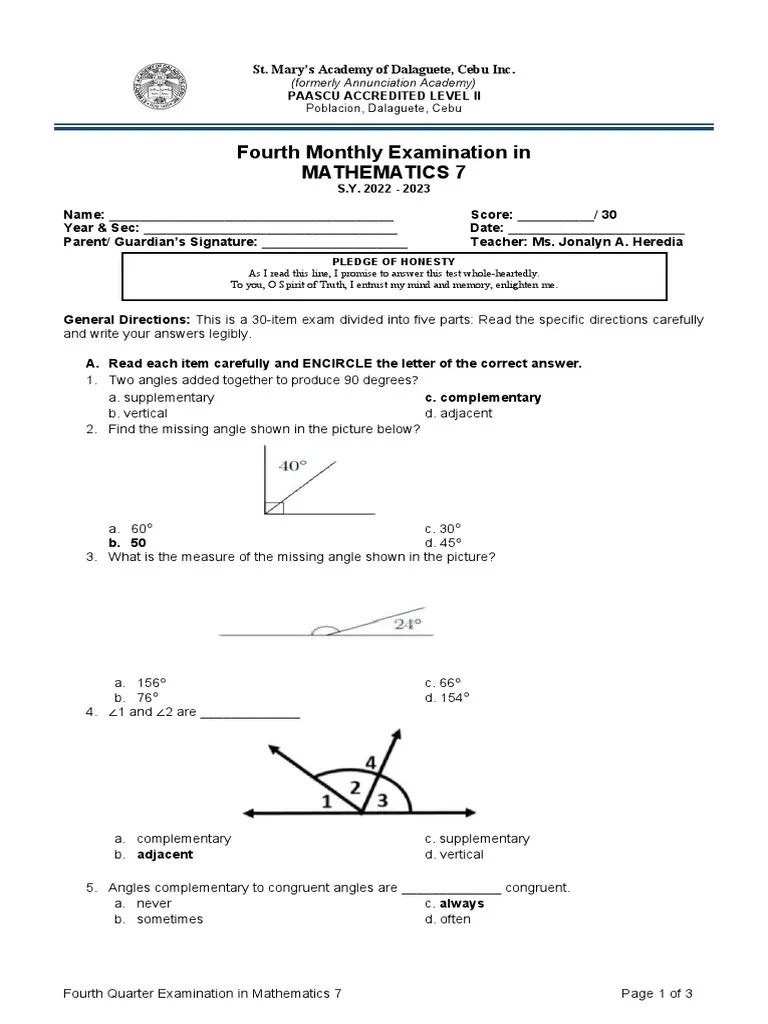 Fourth Monthly Exam in Grade 7 Math PDF Triangle Circle