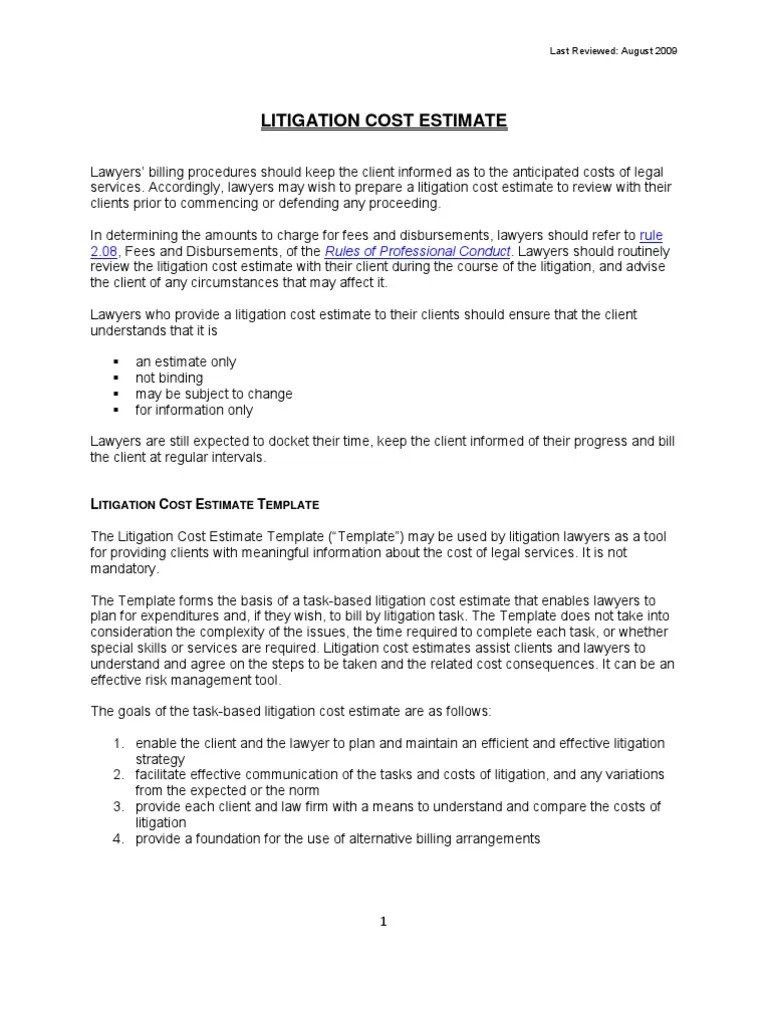 Litigation Cost Estimate Template Brief (Law) Discovery (Law