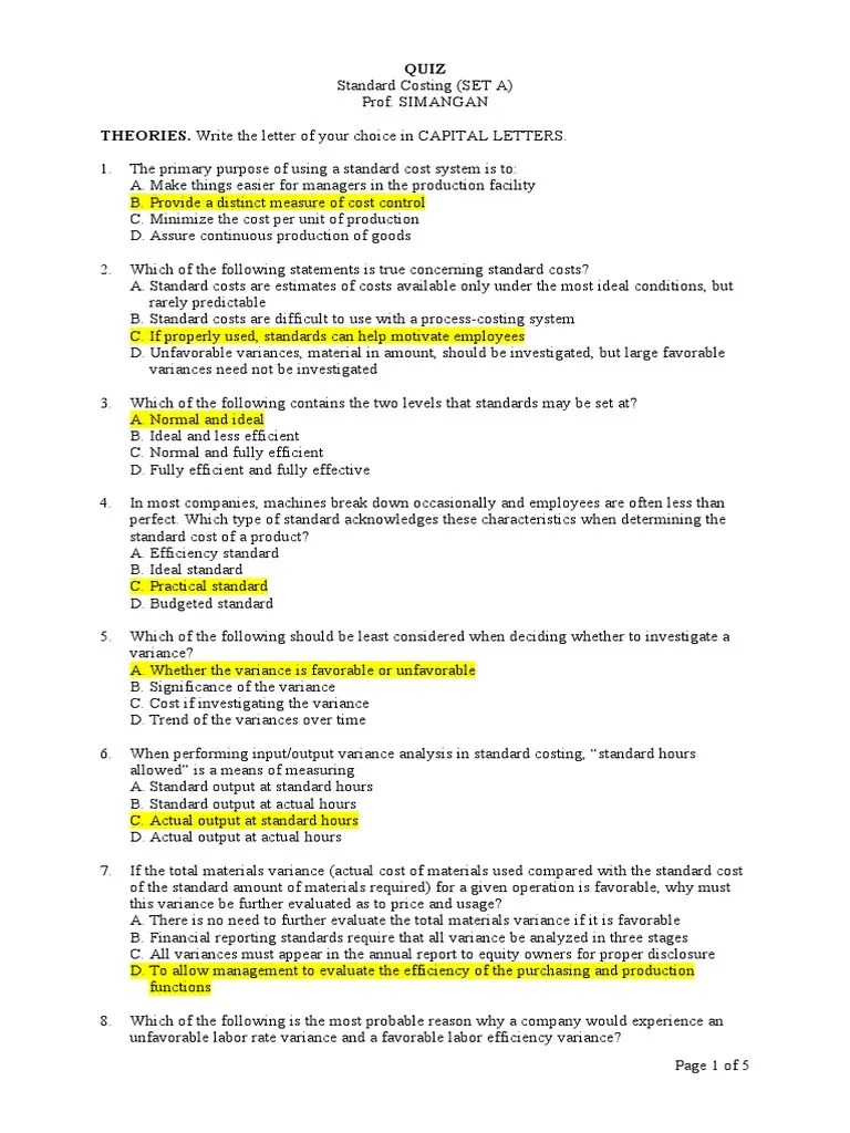 Standard Costing Quiz Highlighted Answers PDF Variance Labour