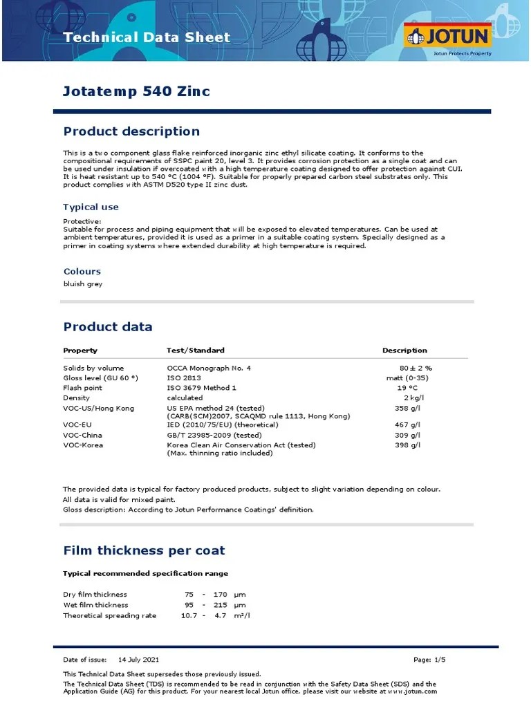 Technical Data Sheet Jotun Jotatemp 540 Zinc PDF Paint Coating