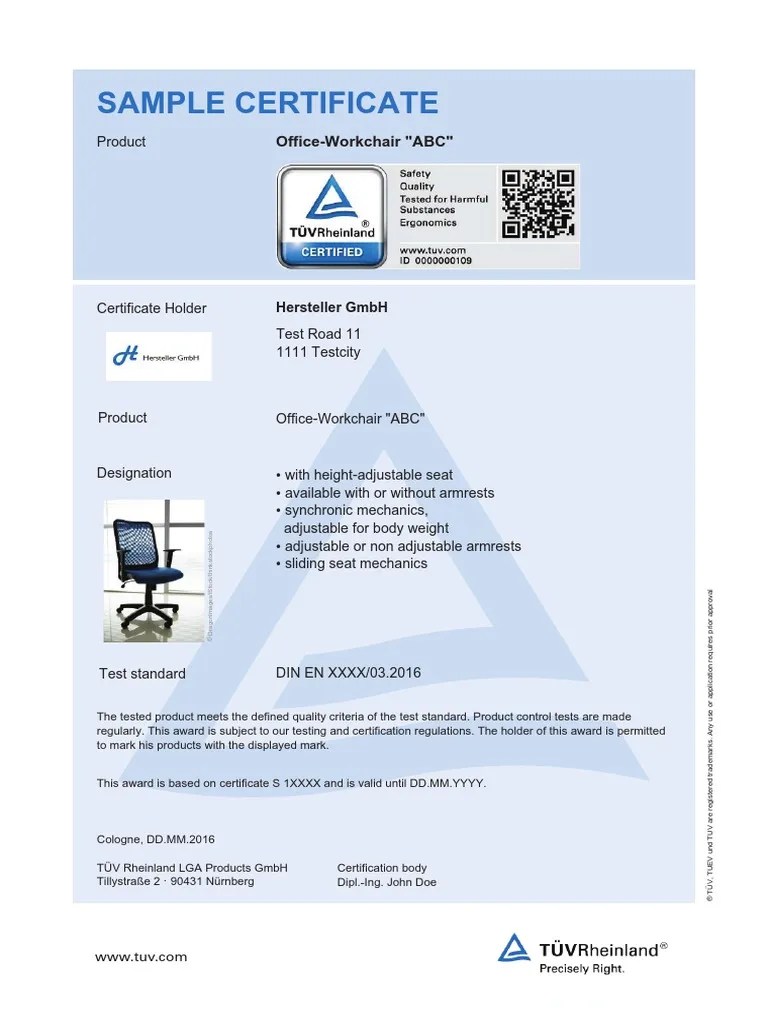 Tuv Rheinland Furniture Testing Sample Certificate en PDF
