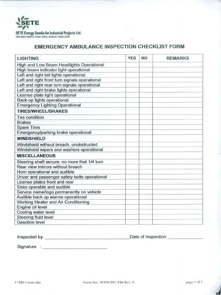 Emergency Ambulance Checklist PDF