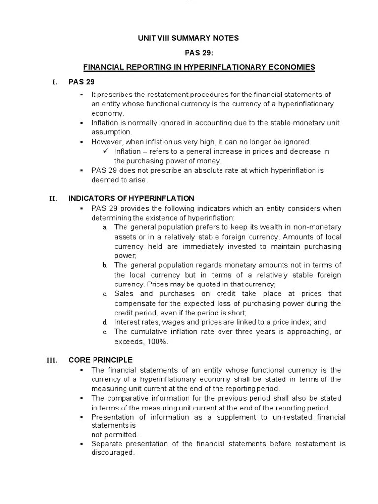 Unit Viii Summary Notes PAS 29 Financial Reporting in