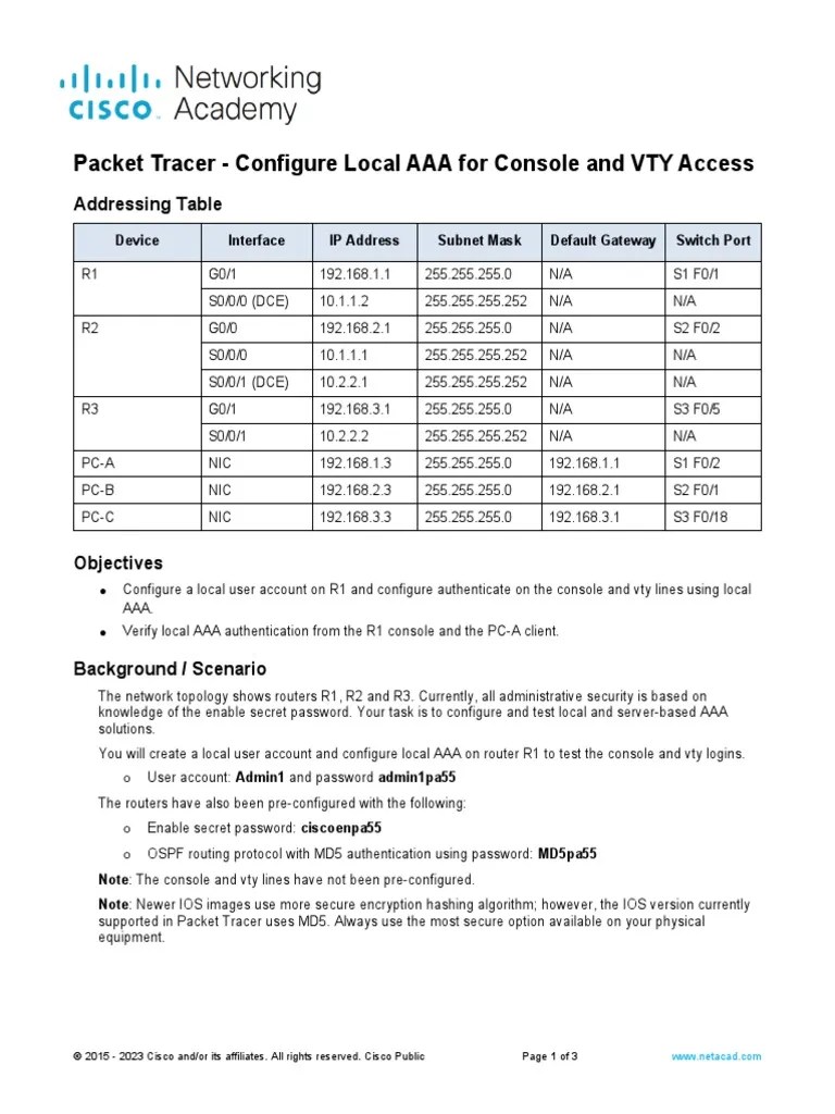 7.2.6 Packet Tracer Configure Local AAA For Console and VTY Access