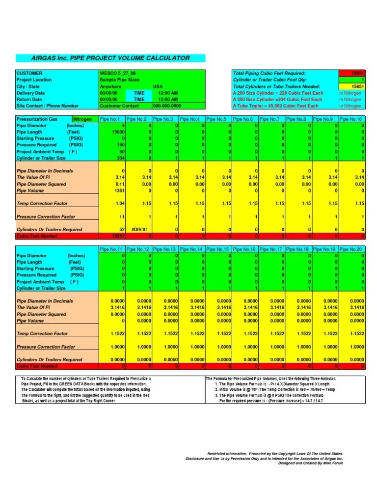 Nitrogen Calculation Airgas Pipe (Fluid Conveyance) Pi