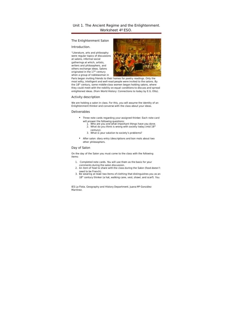 The Enlightenment Salon. Activity Unit 1 - PDF - Age of Enlightenment