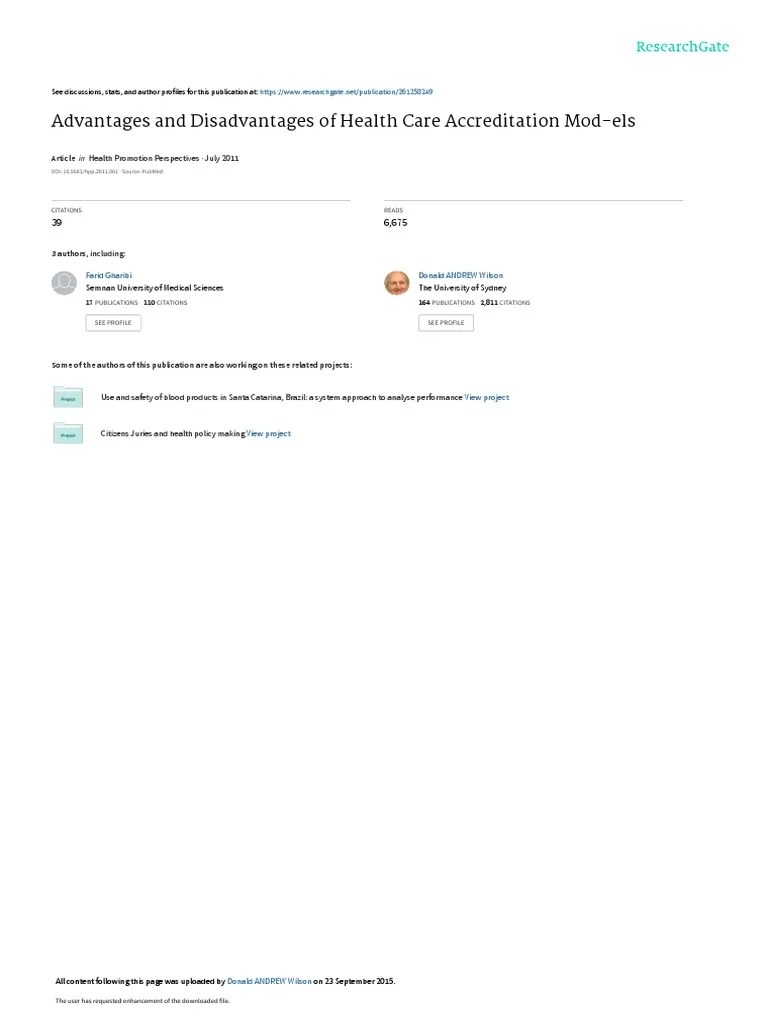 Advantages and Disadvantages of Health Care Accred PDF Joint