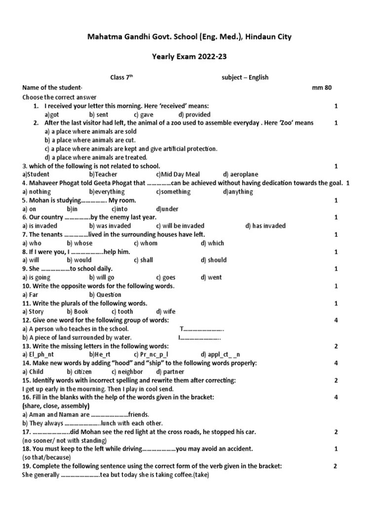 Yearly Paper Class VII English PDF Ellipsis Grammar