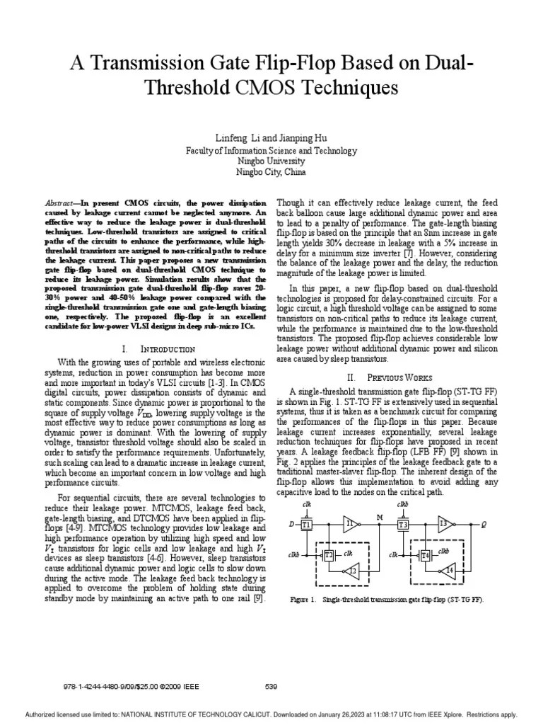 A Transmission Gate FlipFlop Based On DualThreshold CMOS Techniques