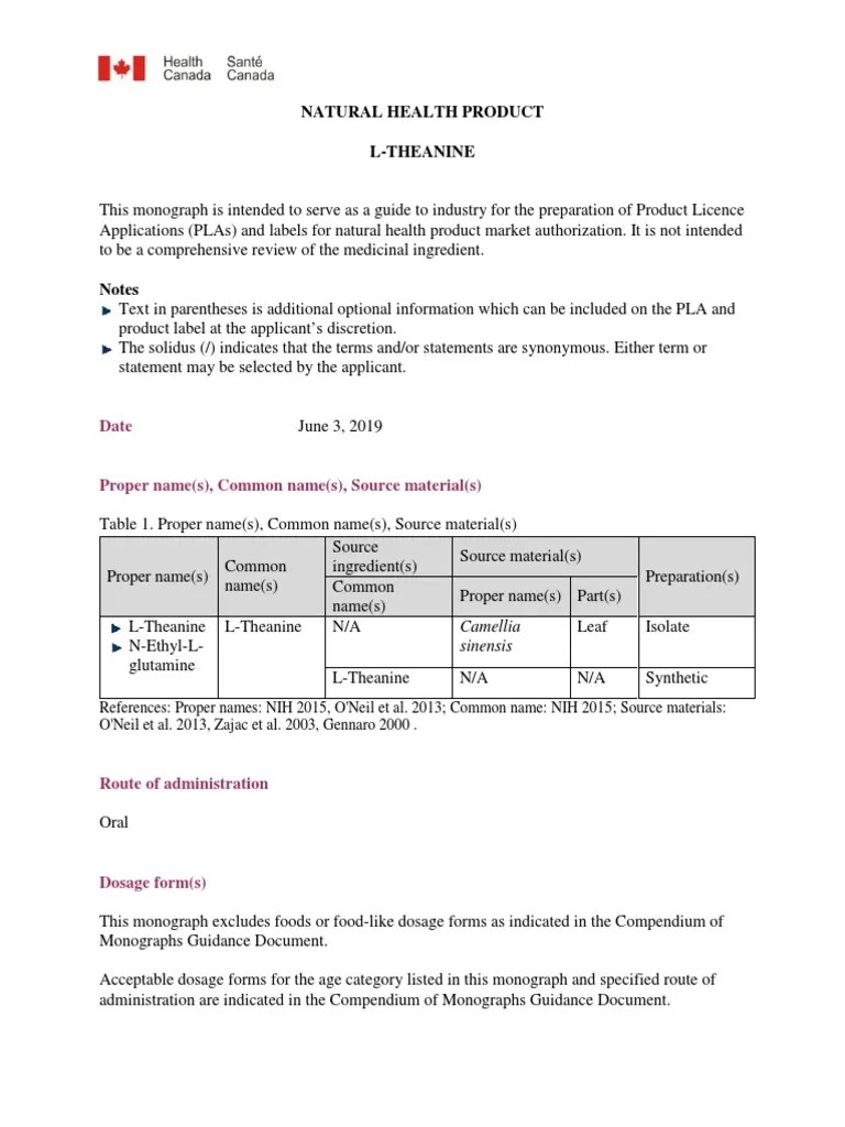LTheanine Monograph Health Canada PDF Assay Medical Treatments
