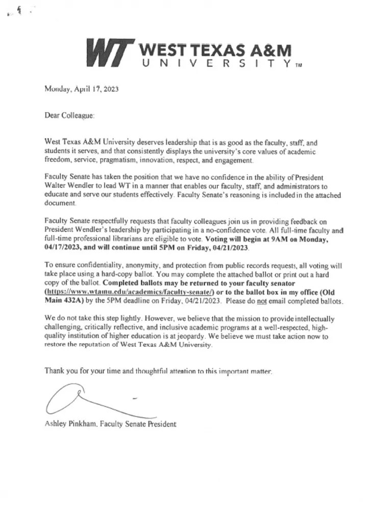 Letter From WTAMU Faculty Senate PDF