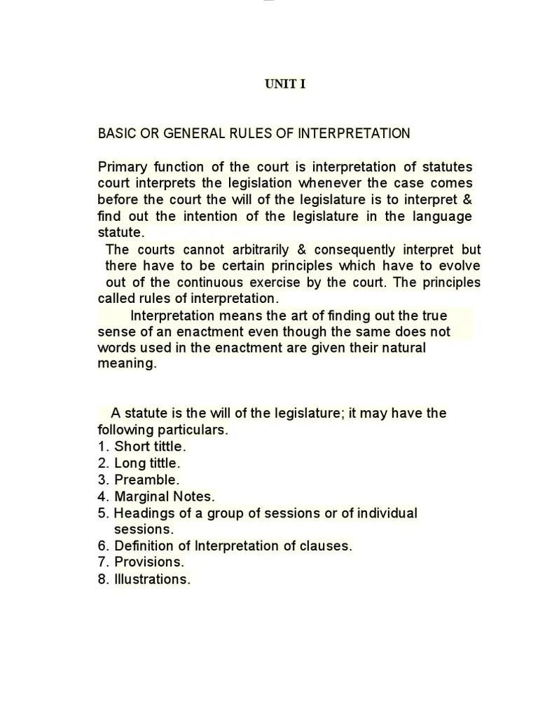 Interpretation of Statutes Notes PDF Bill (Law) Statutory
