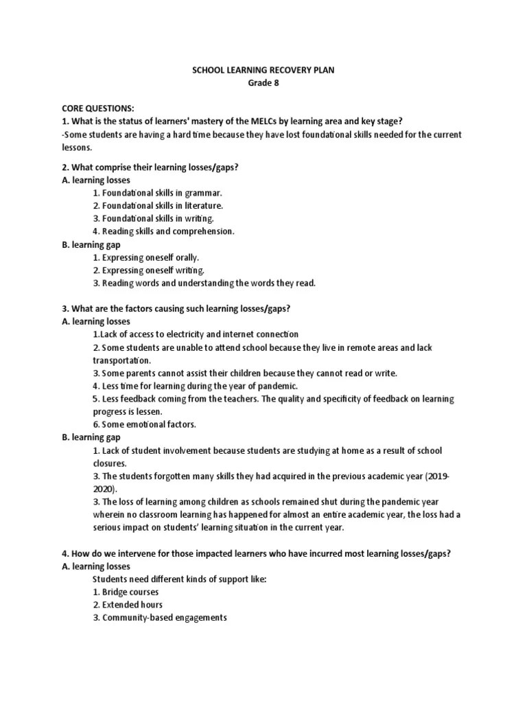 School Learning Recovery Plan Grade 8 PDF Learning Teachers