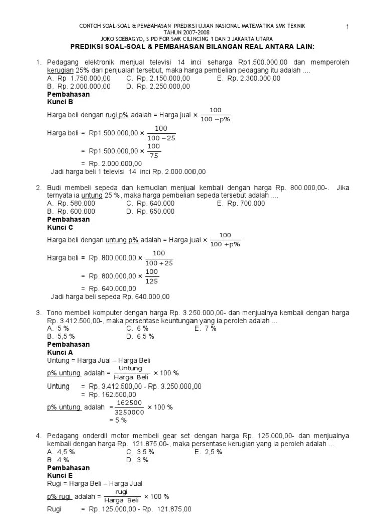 Contoh Prediksi Soal Soal Pembahasan Un Mat SMK Tek 2007 2008 Bagian 1 | PDF