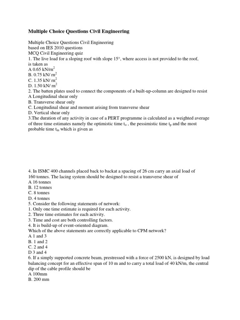 Multiple Choice Questions Civil Engineering PDF Bending Concrete