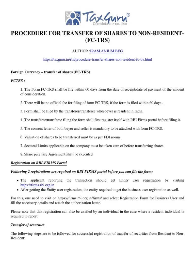 Procedure For Transfer of Shares To NonResident (FCTRS) Taxguru