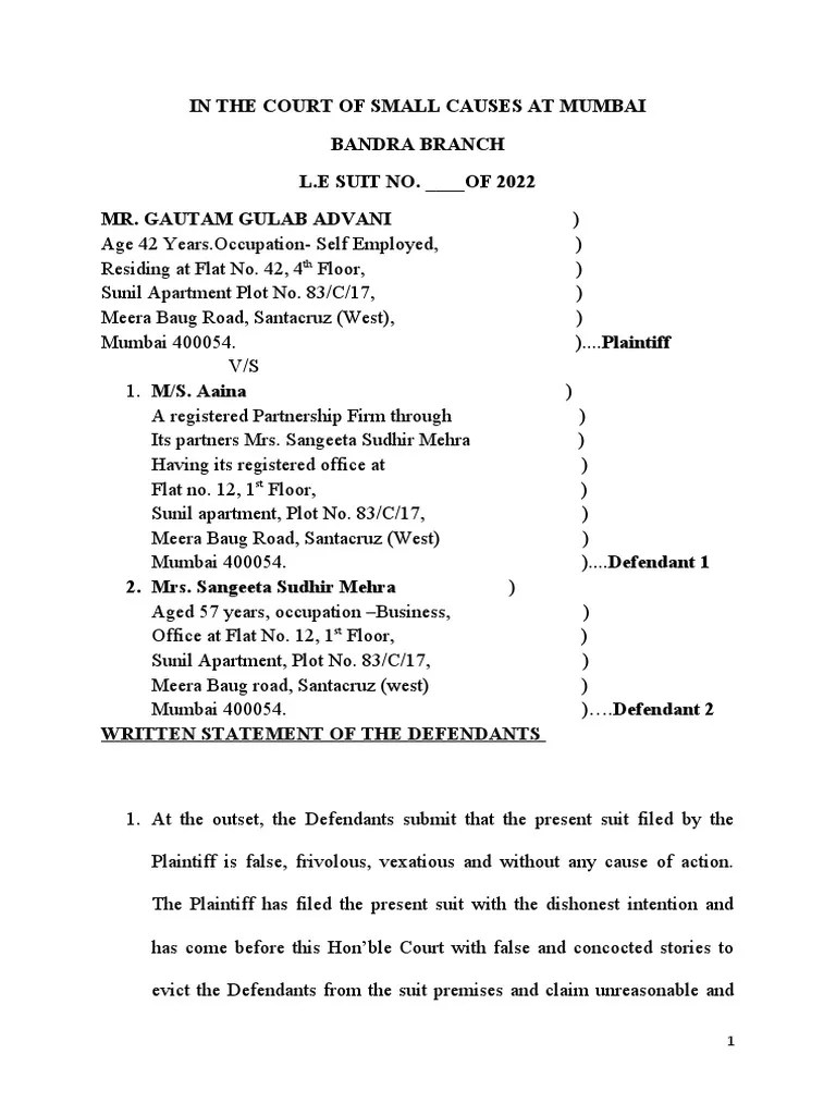 In The Court of Small Causes at Mumbai Bandra Branch L.E SUIT NO. OF