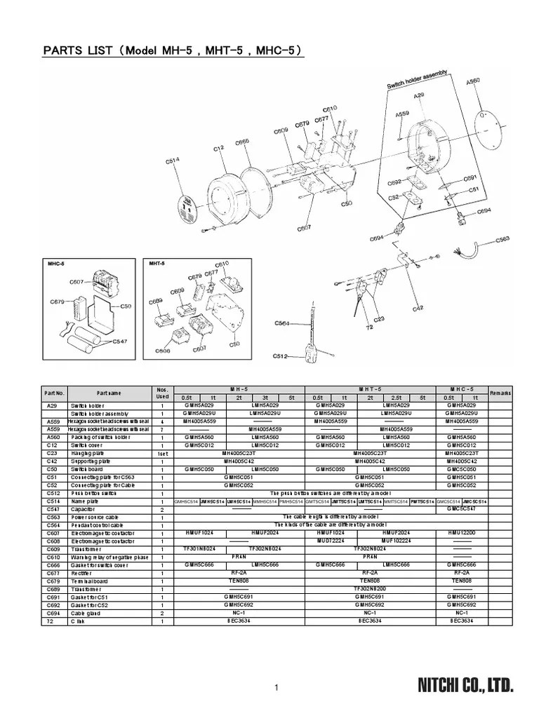 PARTS LIST Model MH-5, MHT-5, MHC-5 | PDF | Electric Motor