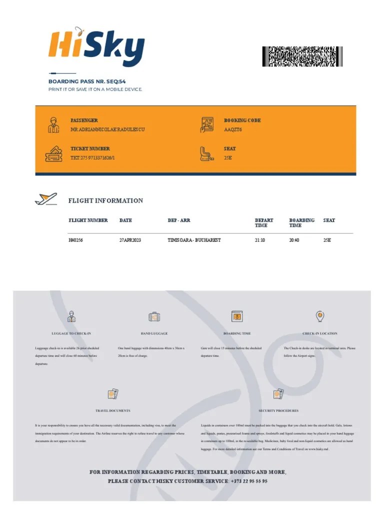 Boarding Pass Nr. Seq54 Flight Information PDF Aviation Transport