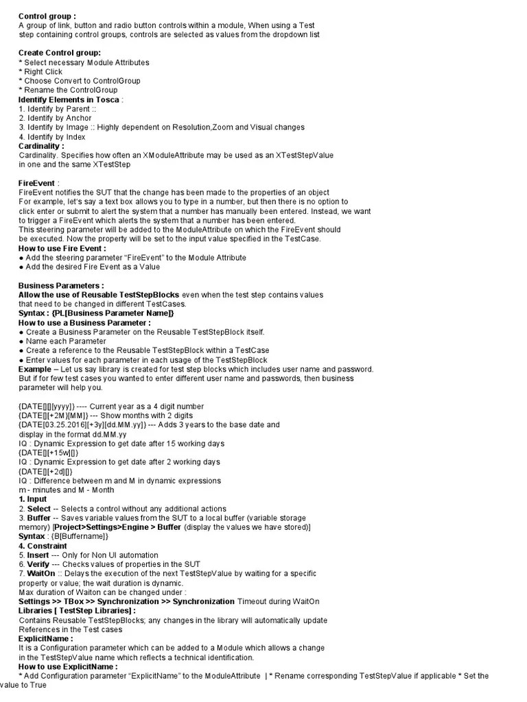 Control group, events, parameters and loops in Tosca PDF Parameter