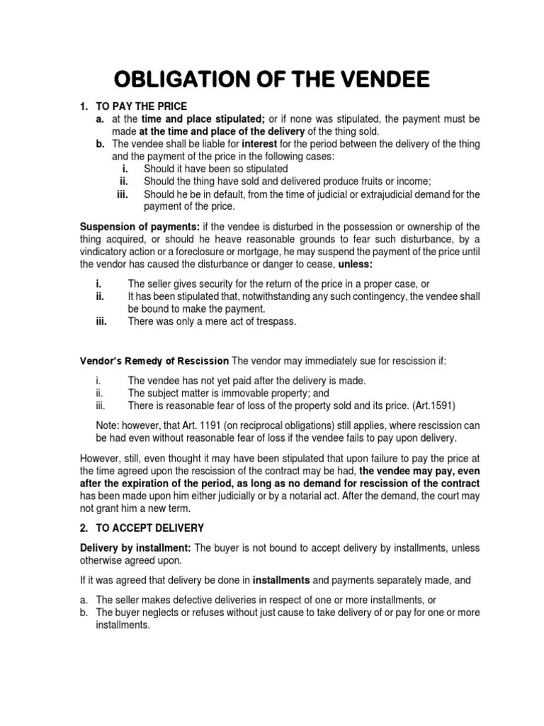 9 Obligation of The Vendee PDF Breach Of Contract Business