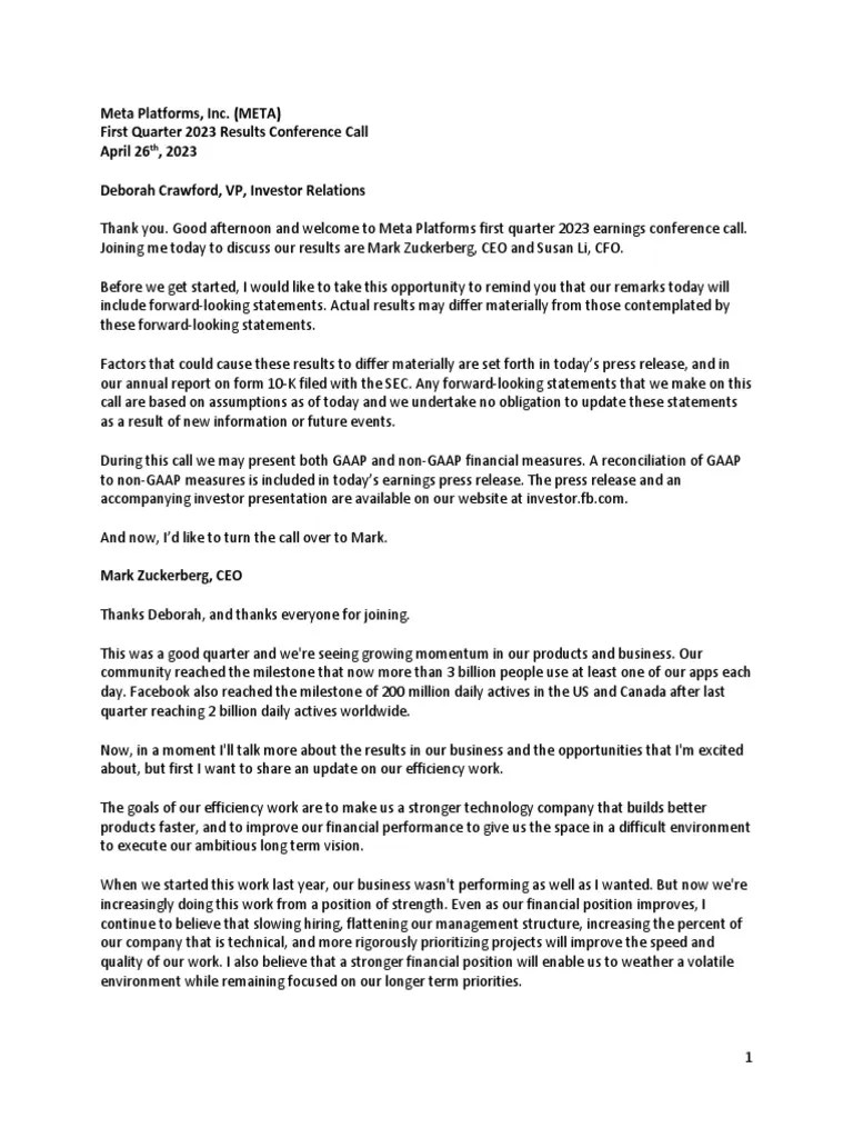 META Q1 2023 Earnings Call Transcript PDF Advertising Artificial