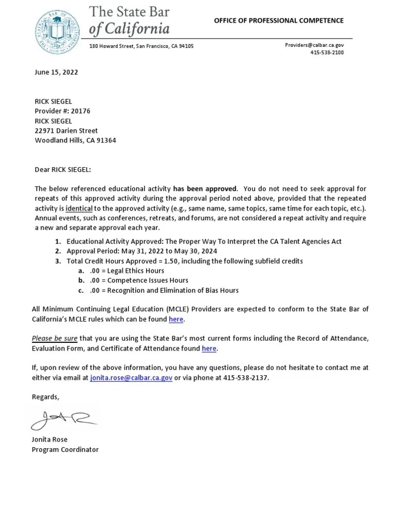 The State Bar of California MCLE Single Activity Provider Approval