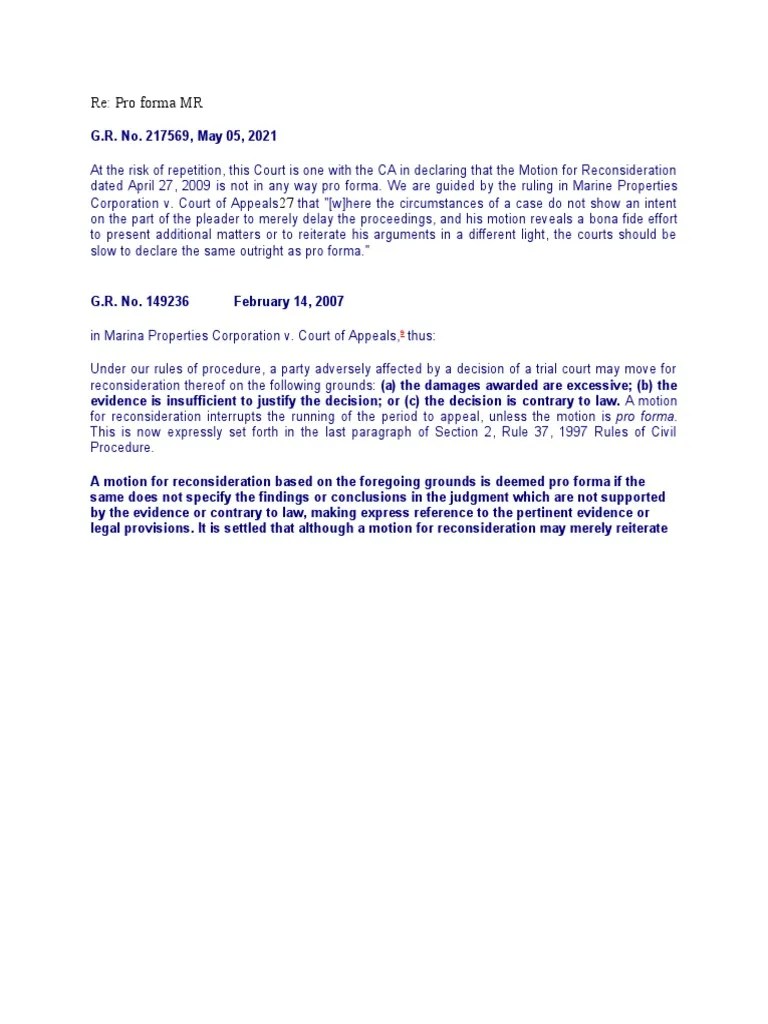 Jurisprudence On Pro Forma Motion For Reconsideration PDF