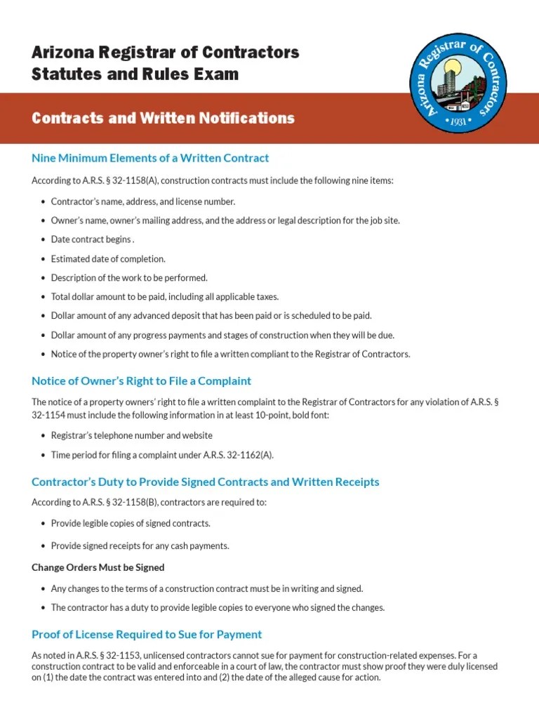 Arizona Registrar Contractors Statutes Rules Exam PDF