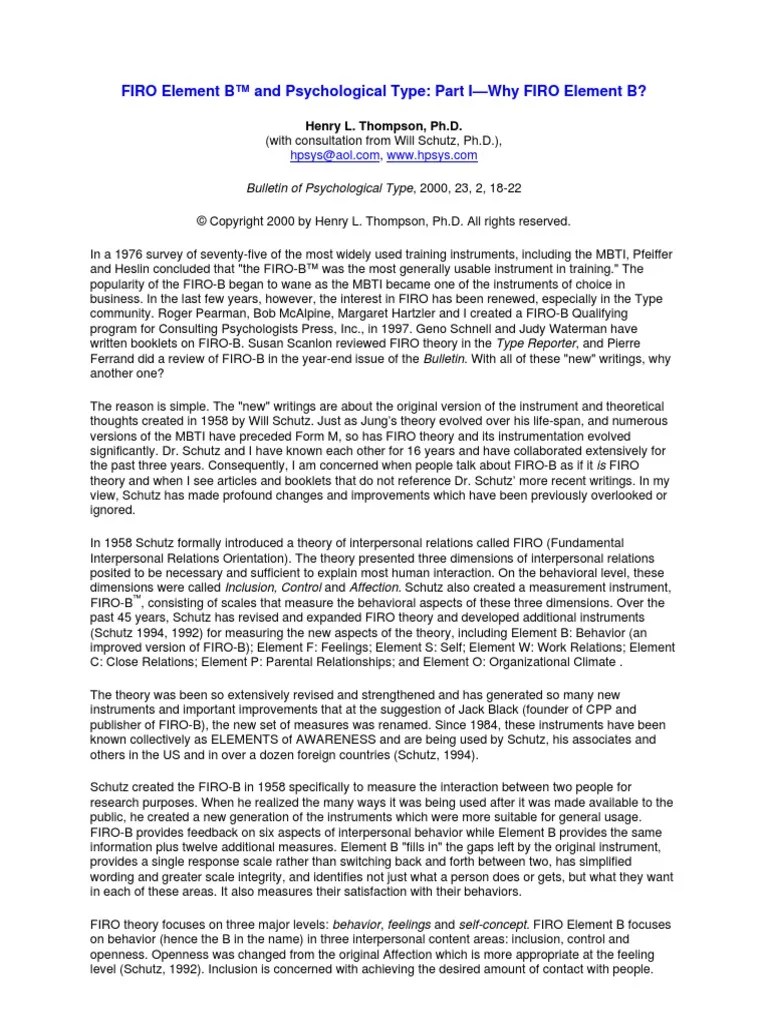 FIRO Element B and Psycho Type PDF Metaphysics Of Mind Social Psychology