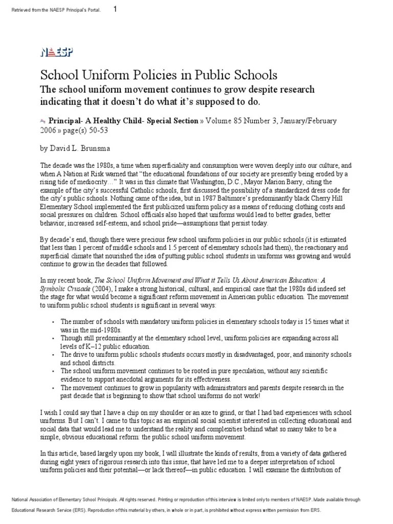 School Uniform Policies in Public School PDF Self Esteem