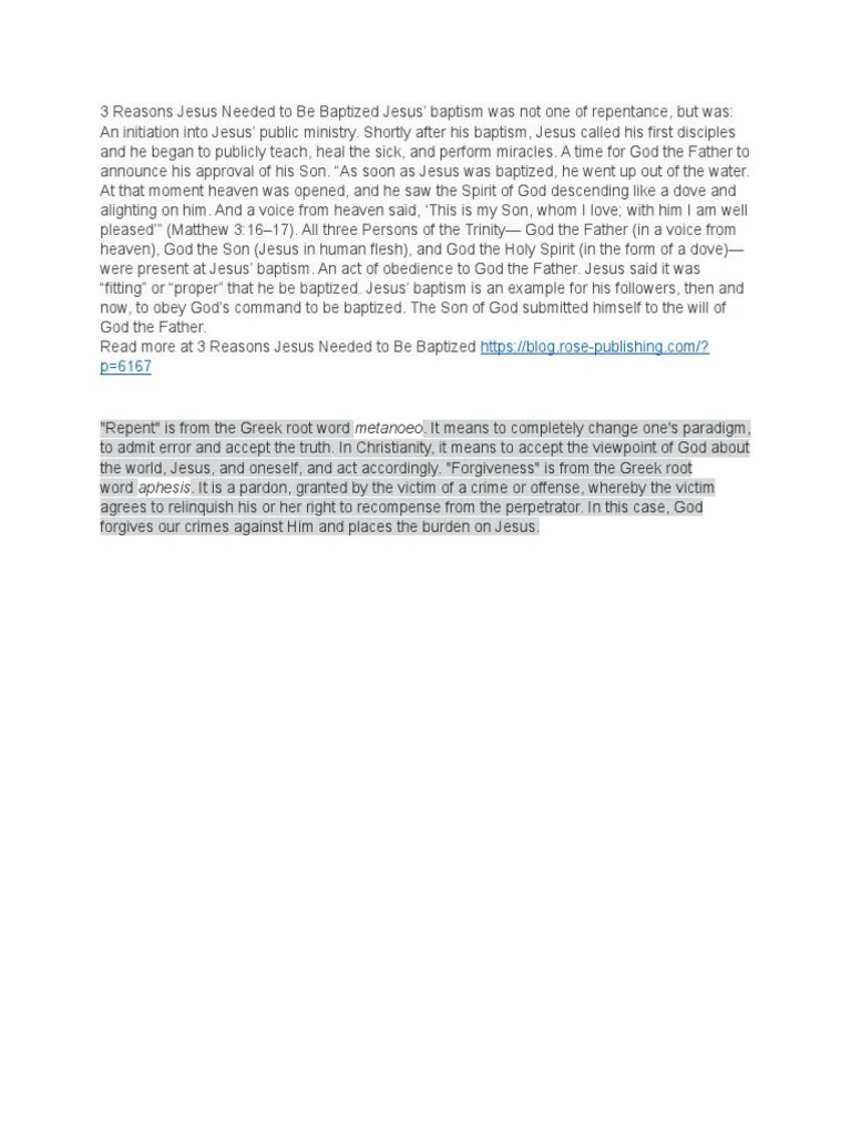 3 Reasons Jesus Needed To Be Baptized Jesus PDF