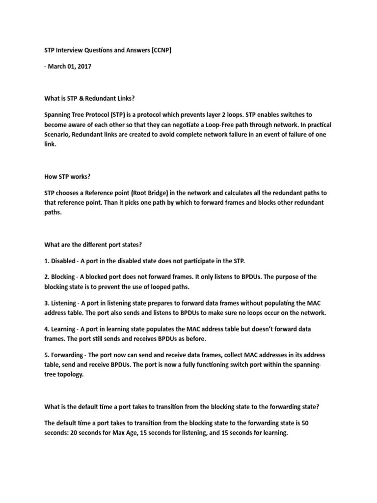 STP Interview Question PDF Data Transmission Network Architecture