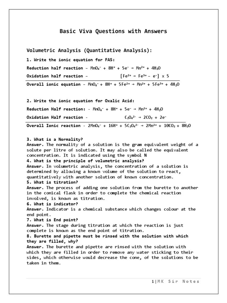 Basic Viva Questions With Answers PDF Titration Chemistry