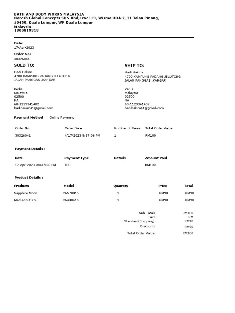 Bath and Body Works Malaysia Order Receipt PDF
