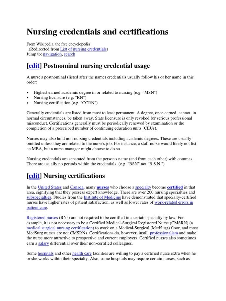 Nursing Credentials and Certifications Nursing Medical Specialties