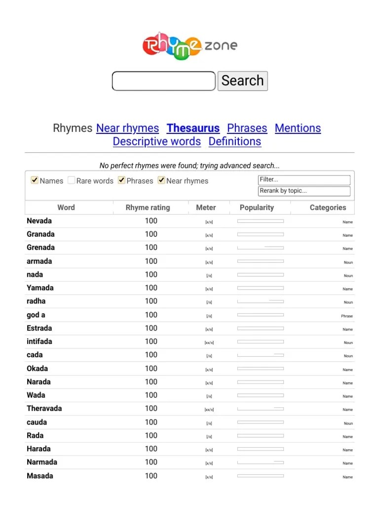 RhymeZone Pada Rhymes PDF Lexicology Linguistics