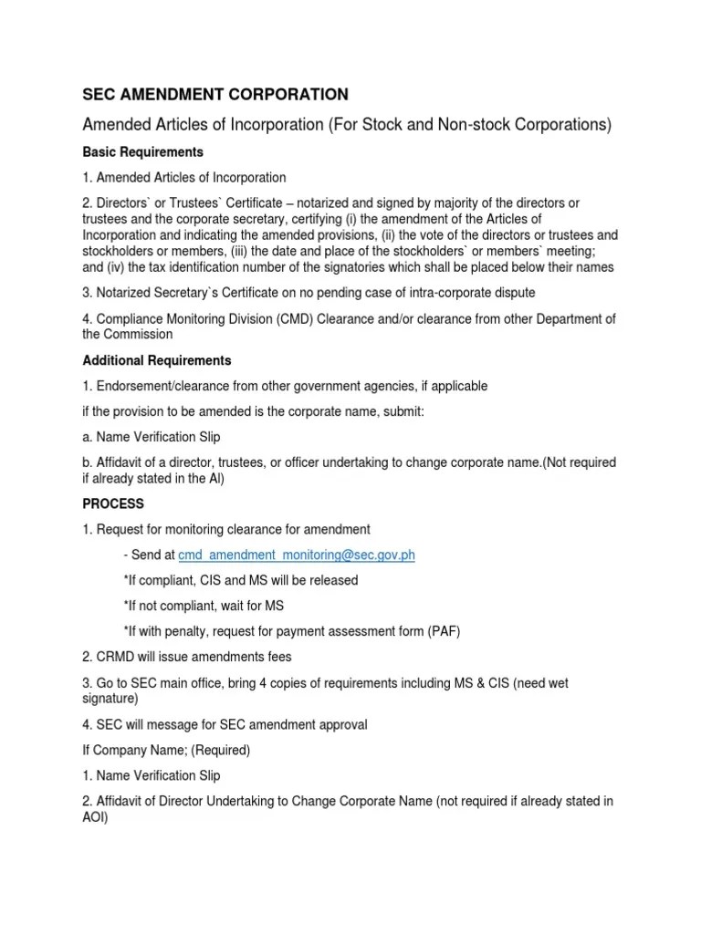 SEC PROCESS FOR AMENDMENT OF ARTICLES OF INCORPORATION PDF Legal
