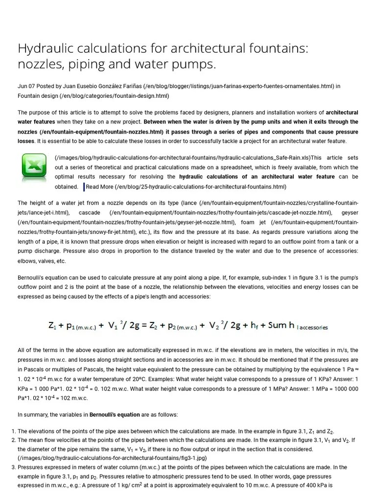 Hydraulic Calculations For Architectural Fountains Nozzles, Piping