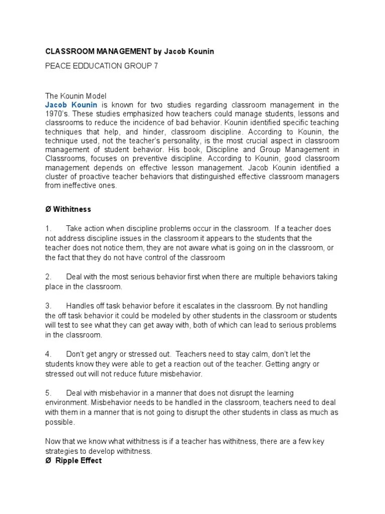 CLASSROOM MANAGEMENT by Jacob Kounin PDF Teachers Classroom