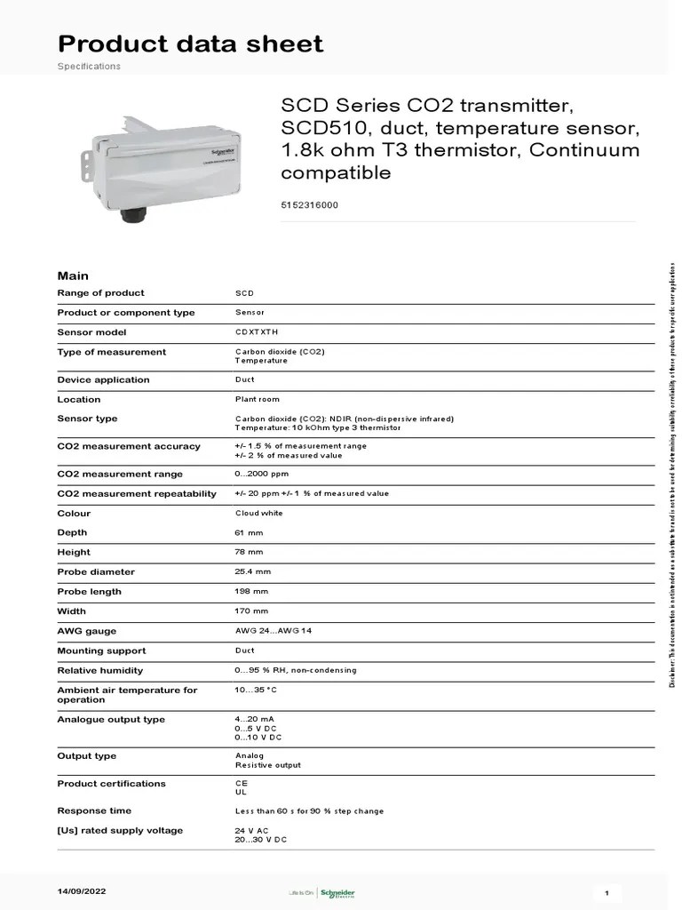 CO2 and Temperature Sensor Specifications for Duct Mounting with NDIR