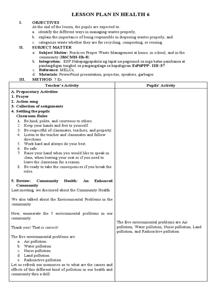 Lesson Plan in Health PDF Waste Waste Management