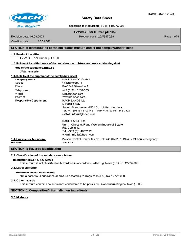 Buffer PH 10 Hach SDS PDF PDF Toxicity Dangerous Goods