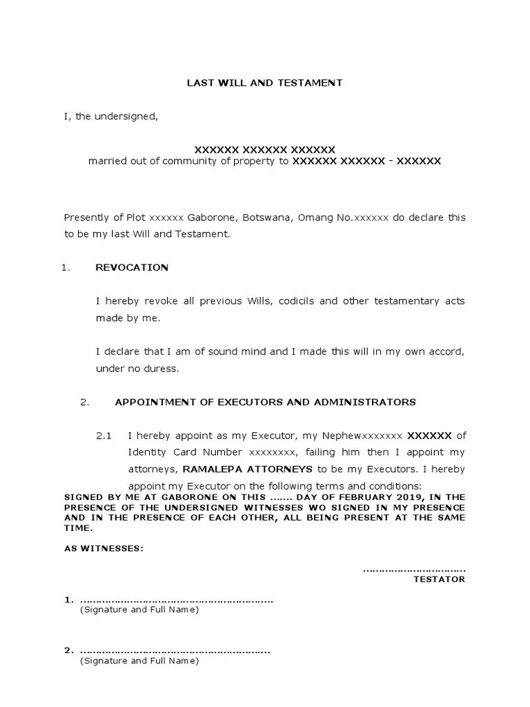 Botswana Last Will and Testament Sample PDF