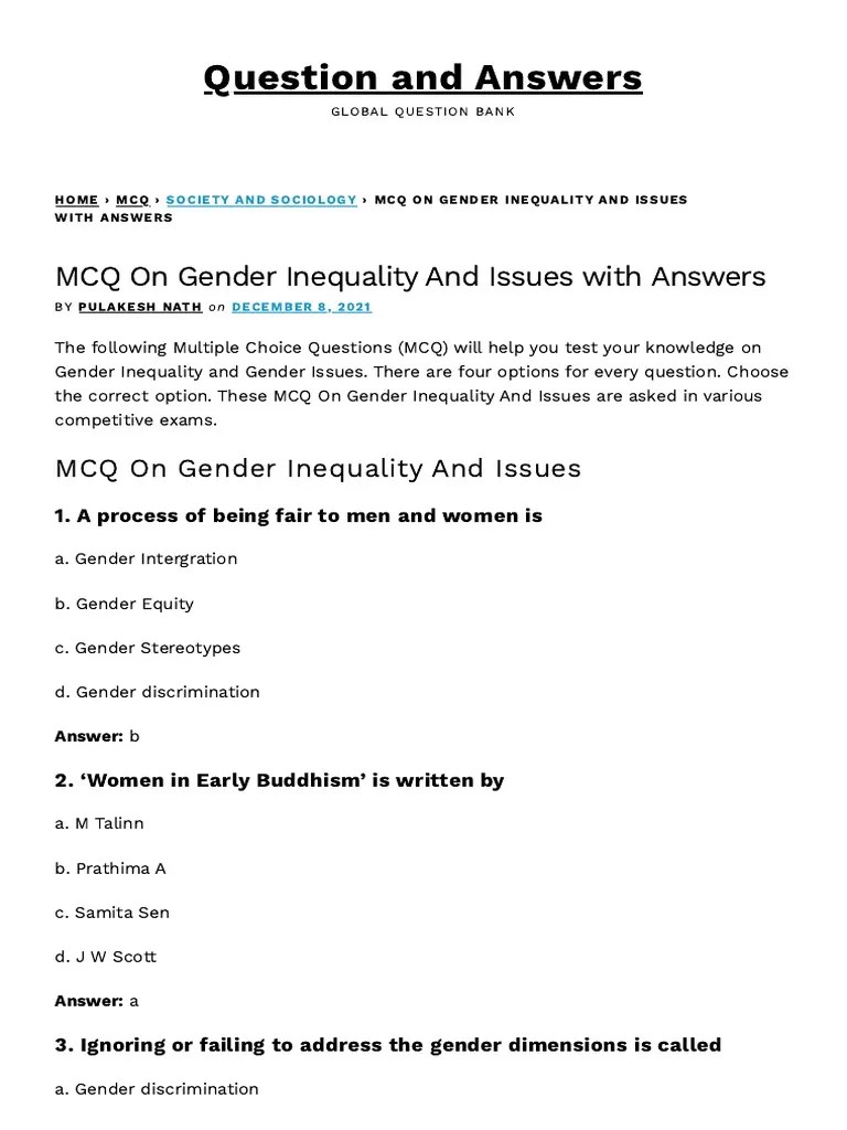 MCQs on Gender Inequality and Issues PDF Gender Gender Studies