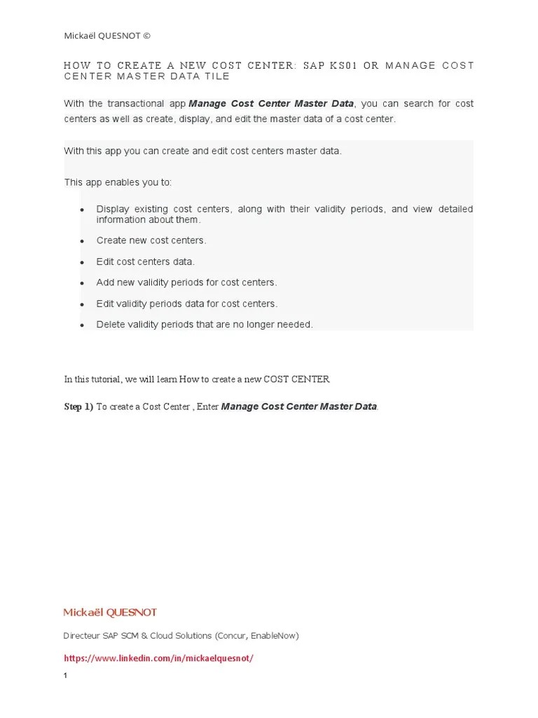 Gu Sap s4 Hana How To Create A New Cost Center Sap Ks01 PDF